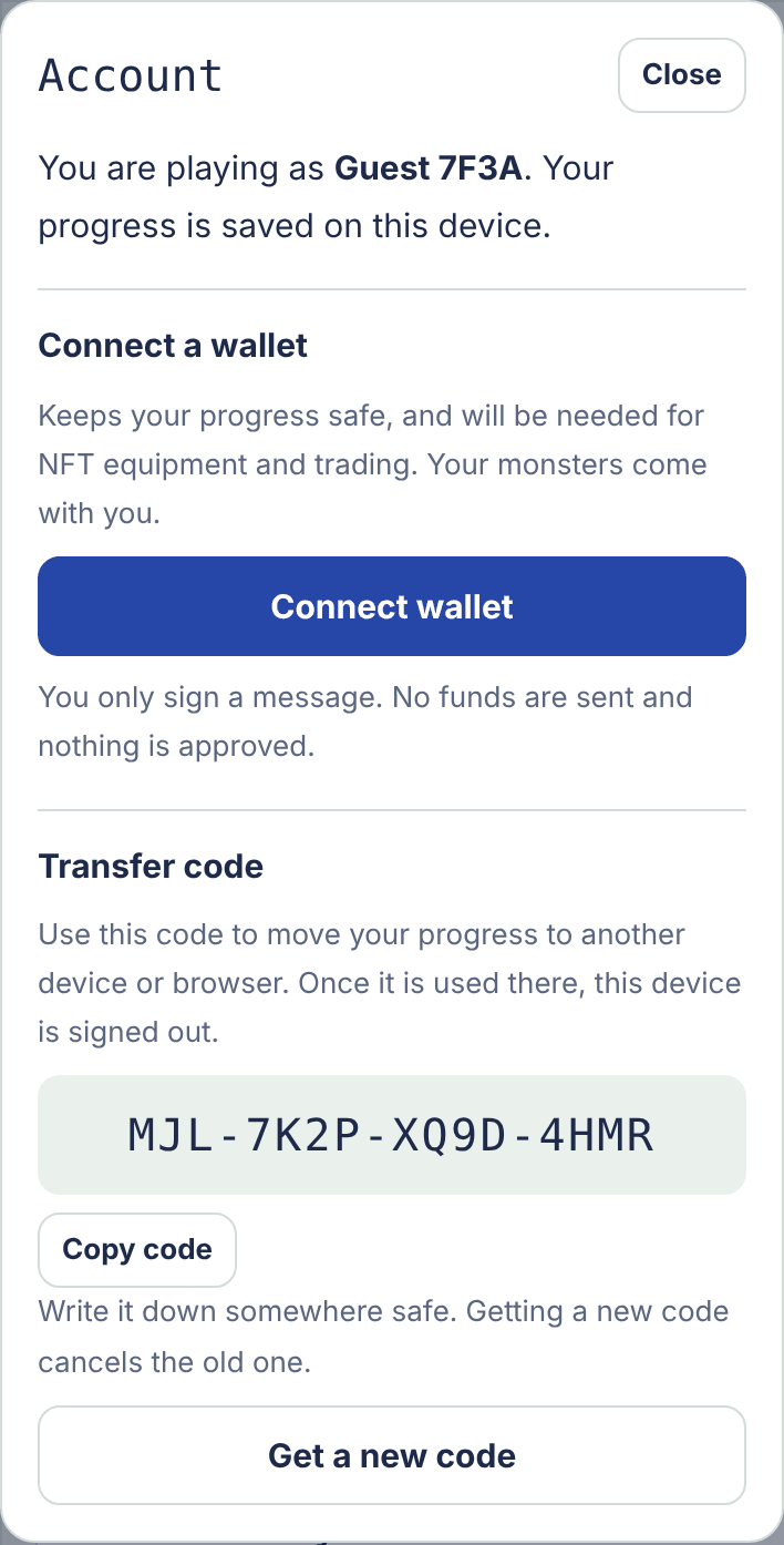 The account screen showing a transfer code