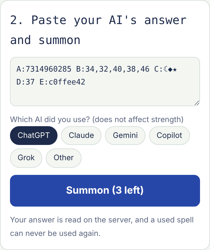 The answer box with the AI's line pasted and ChatGPT selected